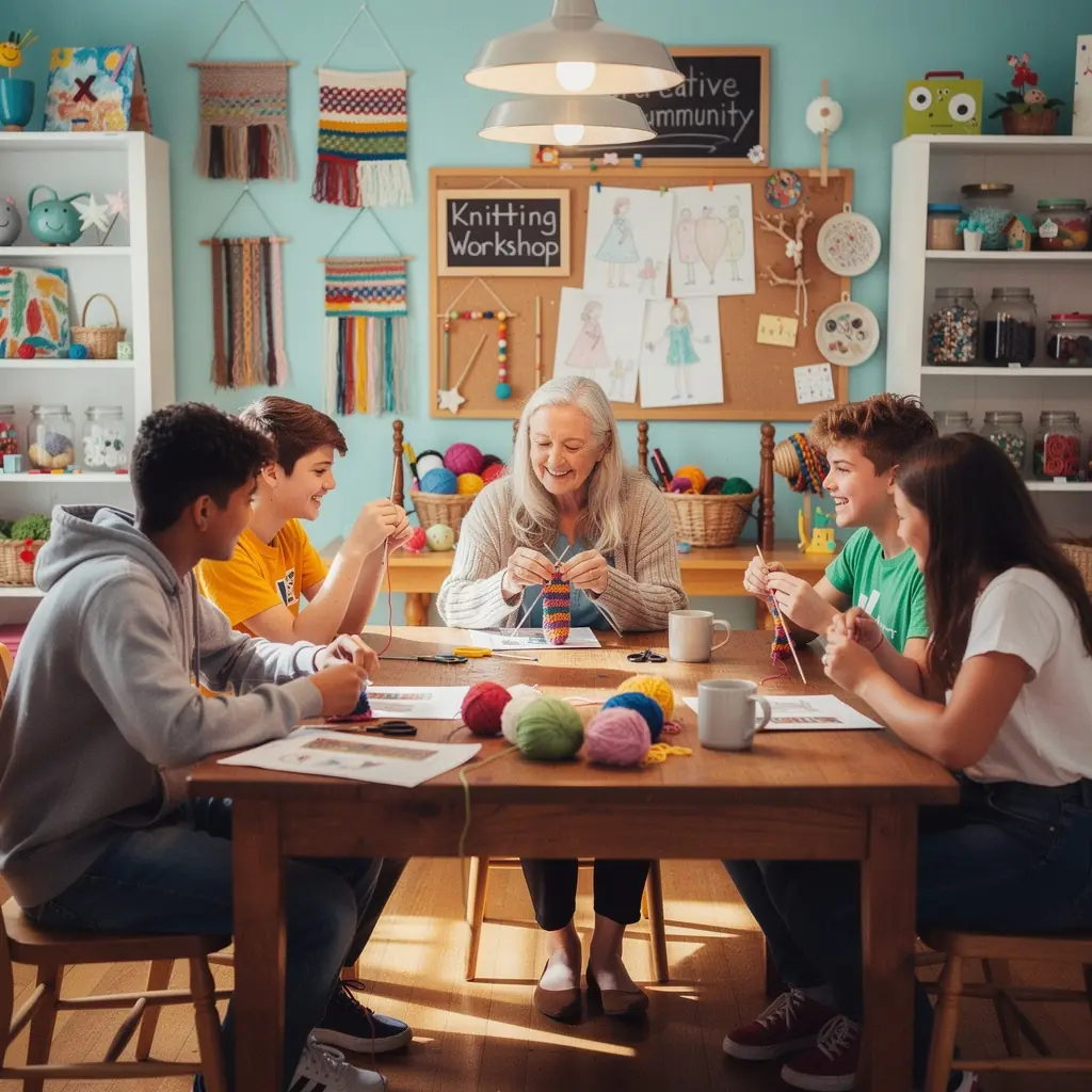 Senjoras draugiškai bendrauja su vaikais, skleidžiant šilumą ir išmintį.